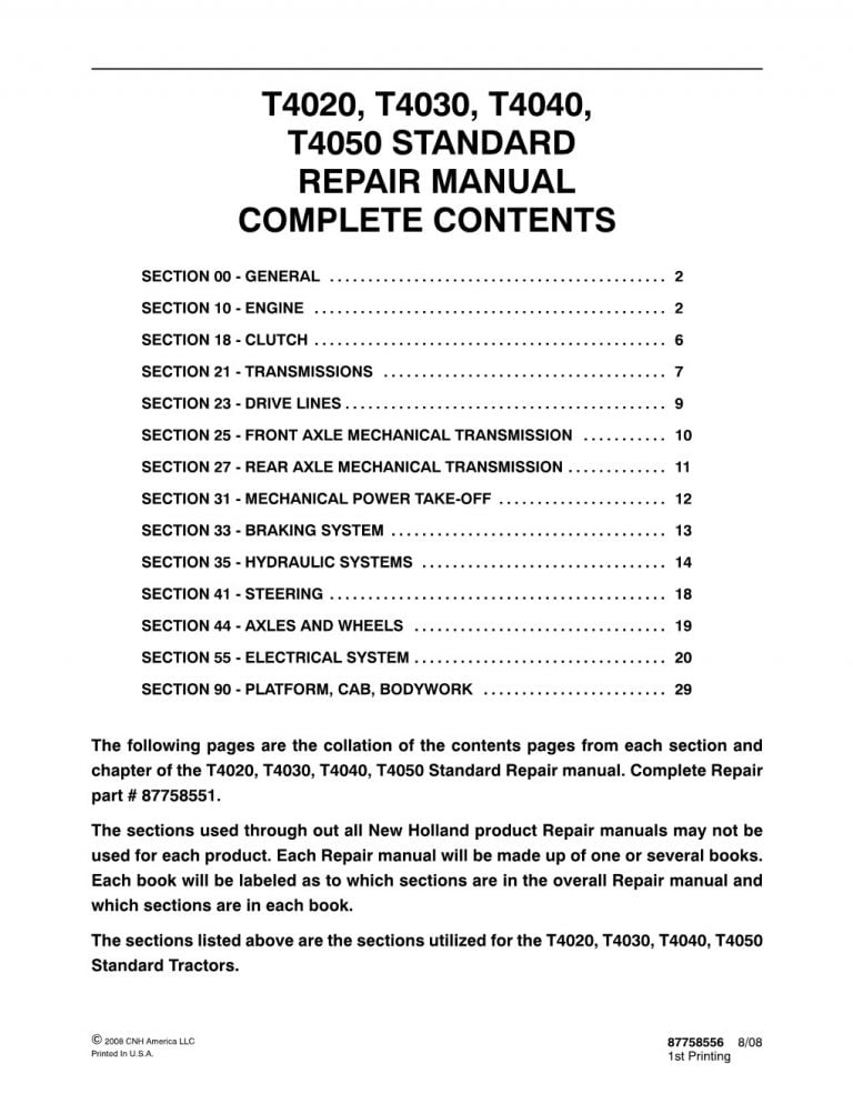 New Holland T4020/T4030/T4040/T4050 Standard service repair manual pdf ...